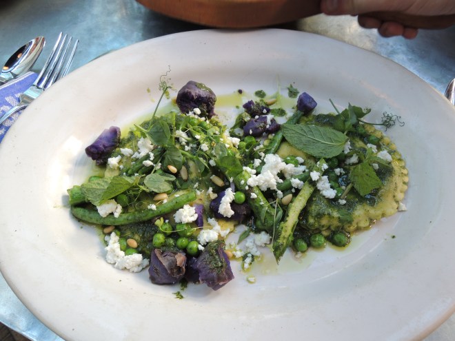 some kind of vegetable ravioli. i had no idea what a ravioli was prior to this