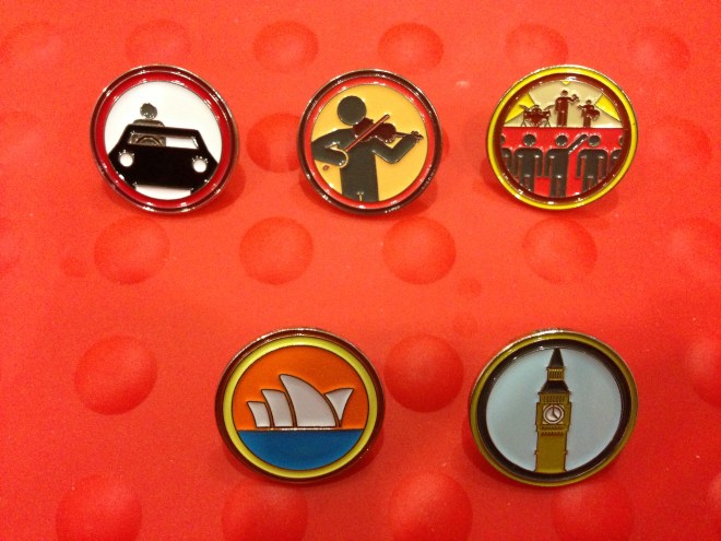(Top) Driving badge, violin badge, concert badge (Bottom) Sydney Opera House badge, Big Ben badge