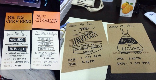 (Date and time on the cards I made on the left were corrected ok) Formal invitation cards by Bellyn and I